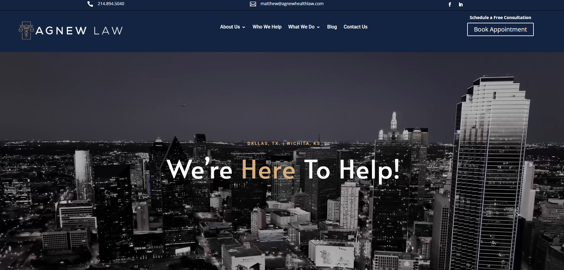 opening header to a website showing "Welcome to agnew law, we're here to help" over a dark image of the dallas skyline. Hard to read the "here" as well as "dallas" and "wichita"