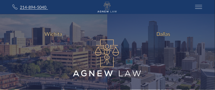 phone number at the top left, logo in the middle, three hambuger bars on the right, agnew law logo in the middle with an image of wichita on the left and dallas on the right