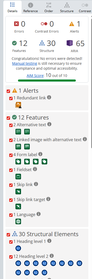 wave score on new build showing 0 errors, 0 contrast errors, 1 alert, and a 10/10 accessibility score