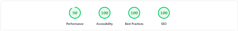 a lighthouse score showing 90 for performance, and a 100 for accessibility, best practices, and seo
