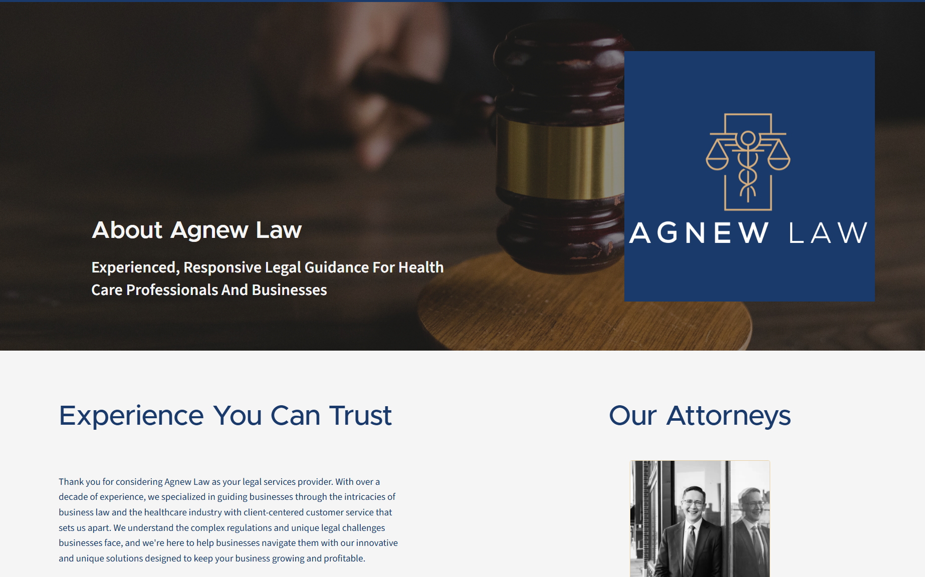hero heading with a gavel in the background, the agnew law logo to the right, and "About agnew law" on the left with a description of what it does, displaying a more horizontal layout