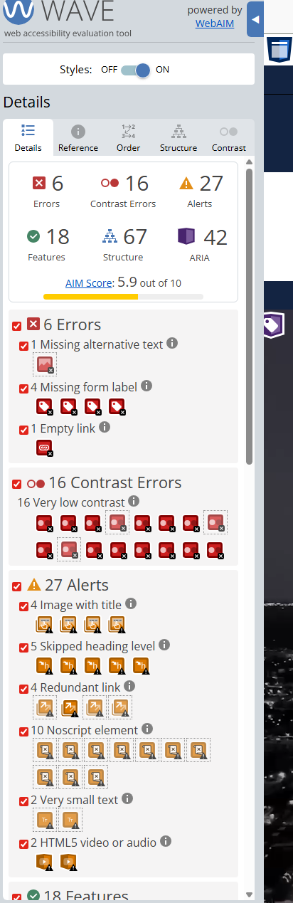 wave test from old site that shows 6 errors, 15 contrast errors, 27 alerts, and a 5.9 out of 10 score